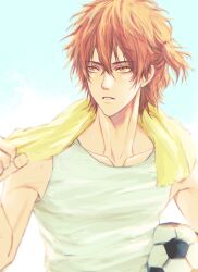  1boy absurdres ball brown_hair esdz7555 hair_between_eyes highres holding holding_ball male_focus parted_lips short_hair short_side_ponytail side_ponytail soccer_ball solo sweat tank_top towel towel_around_neck upper_body white_tank_top yaguchi_kyousuke yarichin_bitch-bu 