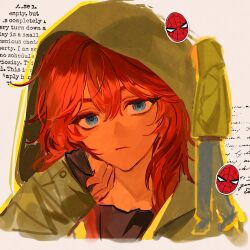  1boy 1girl 2hepaleblue black_shirt blue_eyes commentary double-parted_bangs english_text full_body green_hoodie hair_between_eyes hand_on_own_face highres hood hoodie jean_grey looking_at_viewer marvel medium_hair messy_hair multiple_views orange_hair shirt spider-man spider-man:_brand_new_day spider-man_(series) untranslatable_commentary wavy_hair white_background 