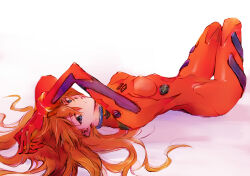  1girl absurdres bodysuit breasts chiekooda0810 closed_mouth commentary_request grey_eyes highres invisible_floor long_hair looking_at_viewer lying mecha_pilot_suit neon_genesis_evangelion on_back orange_hair plugsuit_(evangelion) red_bodysuit simple_background small_breasts solo souryuu_asuka_langley thigh_gap white_background 
