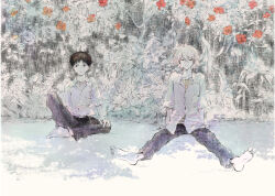  2boys absurdres arm_support barefoot black_hair chiekooda0810 commentary_request dress_shirt full_body grey_hair hand_on_own_knee highres ikari_shinji knee_up male_focus multiple_boys nagisa_kaworu neon_genesis_evangelion on_floor red_eyes school_uniform shirt sitting soles suit_pants toes tokyo-3_middle_school_uniform untucked_shirt white_shirt 