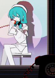  1girl absurdres beret blue_eyes blue_hair colored_skin corded_phone crt goguma_wagamja hat hatsune_miku highres jacket looking_at_viewer pencil_skirt phone skirt sleeves_past_fingers sleeves_past_wrists solo vocaloid white_jacket white_skin white_skirt wonder_(vocaloid) 