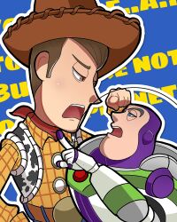  2boys absurdres animal_print belt brown_eyes brown_hair buzz_lightyear cowboy_hat hat highres long_sleeves male_focus multiple_boys sheriff_woody shirt short_hair simple_background spacesuit toy_story user_zfwk2453 