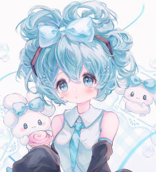  1girl :o absurdres aqua_necktie bare_shoulders blue_bow blue_eyes blue_hair bow cinnamiku collared_shirt commentary_request creature detached_sleeves food hair_bow hatsune_miku highres holding holding_food mofuuneko multiple_hair_bows necktie shirt short_hair sweets upper_body vocaloid white_shirt 
