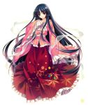 black_hair blunt_bangs branch floral_print frills gathers houraisan_kaguya japanese_clothes jeweled_branch_of_hourai long_hair long_skirt red_eyes riv shawl skirt smile solo touhou very_long_hair wide_sleeves