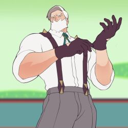  1boy beard black_gloves drayden_(pokemon) english_commentary facial_hair from_below gabeonserving gloves grey_pants highres looking_at_viewer looking_down male_focus old old_man pants pokemon pokemon_black_and_white shirt suspenders white_shirt 