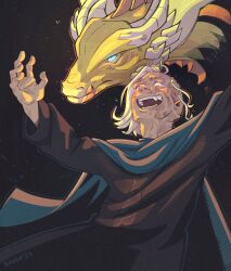  1boy :d a_song_of_ice_and_fire aegon_ii_targaryen bandaalarga black_background black_cloak burn_scar cape cloak commentary dragon green_cape highres house_of_the_dragon long_sleeves open_mouth scar short_hair smile solo sunfyre_(dragon) violet_eyes white_hair 