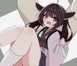  1girl ^^^ absurdres ahoge bi_(bi_trip_machine) black_skirt blush brown_eyes brown_hair brown_sash commentary_request feet_out_of_frame grey_background headgear highres japanese_clothes kimono long_hair long_sleeves looking_at_viewer obi open_mouth pleated_skirt purple_ribbon ribbon sash short_kimono short_yukata sitting skirt socks solo touhoku_kiritan twintails two-tone_background voiceroid waist_ribbon white_background white_kimono white_socks wide_sleeves yukata 