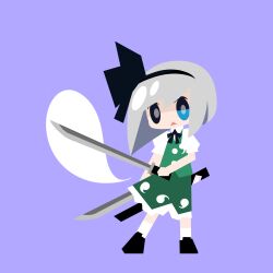  1girl absurdres arssein black_bow black_bowtie black_hairband black_shoes blue_eyes bow bowtie collared_shirt commentary_request deformed dual_wielding full_body green_skirt green_vest grey_hair hairband highres hitodama holding holding_sword holding_weapon katana konpaku_youmu konpaku_youmu_(ghost) looking_at_viewer medium_hair puffy_short_sleeves puffy_sleeves purple_background shirt shoes short_sleeves simple_background skirt skirt_set socks solo sword touhou triangle_mouth vest weapon white_shirt white_socks 