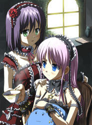  2girls black_choker black_dress black_hairband black_wrist_cuffs blush choker commentary creature cup detached_collar docchi_mo_maid dress earrings frilled_dress frilled_wrist_cuffs frills glowing_windows gothic_lolita green_eyes hairband hand_on_animal hand_on_another's_shoulder holding holding_cup ishikawa_puro jewelry light_smile lolita_fashion lolita_hairband looking_ahead multiple_girls neck_ribbon necklace pink_hair pink_hairband purple_hair red_choker red_hairband ribbon sad sitting smile standing star_(symbol) star_necklace teacup upper_body window wrist_cuffs 