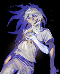  1boy bakura_ryou black_background blue_eyes closed_mouth cowboy_shot crew_neck denim dutch_angle floating_hair hair_between_eyes hand_on_own_chest highres jeans jewelry long_hair looking_at_viewer male_focus millennium_necklace moemoenomori necklace pants shirt short_sleeves single_extra_arm solo t-shirt white_shirt yu-gi-oh! yu-gi-oh!_duel_monsters 