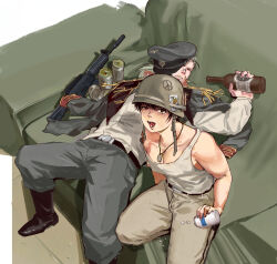  1boy 1girl absurdres alcohol anavel_gato assault_rifle boots bottle can colt_commando commentary_request couch dog_tags epaulettes fuyuanning genderswap genderswap_(mtf) grey_pants gun gundam gundam_0083 hat helmet highres holding holding_bottle jacket kou_uraki looking_at_viewer military_uniform pants peaked_cap pill reverse_trap rifle tank_top unconscious uneven_eyes weapon white_tank_top zeon 
