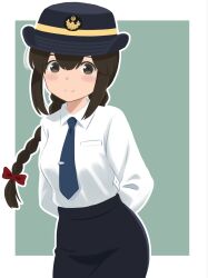  1girl absurdres arms_behind_back azuki-iro black_hair black_hat black_skirt blue_necktie braid brown_eyes collared_shirt commentary_request cowboy_shot dress_shirt female_service_cap hat highres isonami_(japan_railways)_(kancolle) isonami_(kancolle) kantai_collection low_twin_braids low_twintails necktie shirt skirt smile solo twin_braids twintails white_shirt 