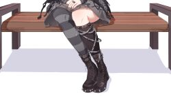  1girl absurdres asymmetrical_legwear bench black_boots black_dress black_nails black_socks black_thighhighs boots canebooo chain commentary dress fingernails highres hololive hololive_english jewelry lace-up_boots leg_focus lower_body mismatched_legwear multiple_rings nail_polish on_bench own_hands_together ring shiori_novella shiori_novella_(1st_costume) simple_background single_sock single_thighhigh sitting socks solo spiked_boots striped_clothes striped_thighhighs thigh-highs uneven_legwear untranslatable_commentary virtual_youtuber white_background 