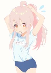  ahoge arms_up blue_buruma buruma flying_sweatdrops gym_uniform highres kohamatano_nya long_hair onii-chan_wa_oshimai! oyama_mahiro ponytail sweatdrop white_background white_hair 