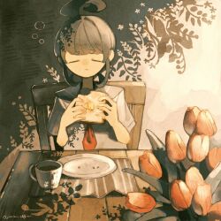  1girl :t ahoge ahoge_girl_(jimini_shijimi) artist_name blue_sailor_collar blunt_bangs bread bread_slice butter chair closed_eyes closed_mouth commentary_request crumbs cup dot_nose eating flower food hands_up highres instagram_username jimini_shijimi low_twintails mug neckerchief no_pupils on_chair original placemat plate red_neckerchief sailor_collar school_uniform serafuku shadow short_eyebrows short_sleeves short_twintails sidelocks sitting skeb_username sleepy solo table toast twintails twitter_username 