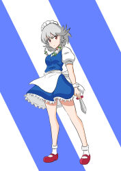  1girl absurdres aoiueo apron blue_background blue_dress bow braid collared_shirt commentary_request diagonal-striped_background dress frilled_dress frills full_body green_bow green_ribbon grey_hair hair_bow highres holding holding_knife izayoi_sakuya knife long_hair looking_at_viewer maid maid_headdress mary_janes neck_ribbon pinafore_dress puffy_short_sleeves puffy_sleeves red_eyes red_shoes ribbon shirt shoes short_sleeves sleeveless sleeveless_dress socks solo striped_background touhou twin_braids two-tone_background waist_apron white_apron white_background white_shirt white_socks white_wrist_cuffs wrist_cuffs 