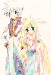  1boy 1girl 2000s_(style) :o animal_around_neck blonde_hair blue_eyes blue_pants closed_mouth coat commentary_request cowboy_shot detached_sleeves dress feathered_wings fox gold_trim head_wings high_priest_(ragnarok_online) holding holding_staff long_hair long_sleeves looking_at_viewer mikoru multicolored_coat open_mouth painting_(medium) pants pelvic_curtain pink_dress professor_(ragnarok_online) ragnarok_online red_coat short_hair simple_background smile staff traditional_media two-tone_coat watercolor_(medium) white_background white_coat white_hair white_wings wings yellow_sleeves 