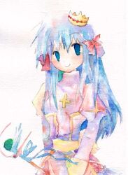  1girl 2000s_(style) blue_eyes blue_hair bow closed_mouth commentary_request cross crown dated_commentary dress hair_bow high_priest_(ragnarok_online) holding holding_staff juliet_sleeves long_hair long_sleeves looking_at_viewer mikoru mini_crown painting_(medium) puffy_sleeves purple_dress ragnarok_online red_bow sash smile solo staff traditional_media upper_body watercolor_(medium) yellow_sash 
