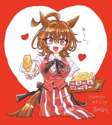  1girl agnes_tachyon_(umamusume) ahoge animal_ears apron black_bow black_pants bow breasts brown_hair chicken_(food) collared_shirt earrings employee_uniform fast_food fast_food_uniform food fried_chicken hair_between_eyes heart highres holding holding_tray horse_ears horse_girl horse_tail jewelry kfc lab_coat looking_at_viewer medium_breasts medium_hair official_alternate_costume open_mouth pants pepparx2 red_apron red_eyes red_vest shirt single_earring smile solo tail teeth tray umamusume vest white_shirt 