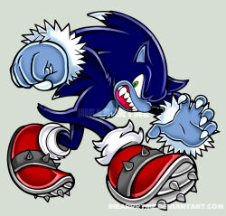 1boy animal_nose black_nose blue_fur deviantart_sample fingernails furry furry_male green_eyes hedgehog_boy highres ihearrrtme image_sample red_shoes sharp_fingernails shoes sonic_(series) sonic_the_hedgehog sonic_the_werehog sonic_unleashed spiked_shoes spikes uekawa_yuji_(style) werehog 
