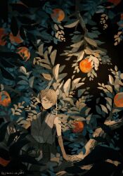  1boy apple artist_name bandaged_horn black_shirt blue_eyes braid braided_ponytail commentary_request dark-skinned_male dark_skin food fruit hair_between_eyes highres horns ice_god_(jimini_shijimi) instagram_username japanese_clothes jimini_shijimi long_hair nature on_branch original pointy_ears shirt sitting skeb_username sleeveless solo tail tree twitter_username 