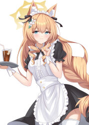  1girl :3 absurdres animal_ear_fluff animal_ears apron black_bow black_bowtie black_dress blue_archive blue_eyes blush bow bowtie braid cat_ears cat_girl chestnut95 commentary contrast_collar cowboy_shot cup double-parted_bangs dress drinking_straw english_commentary enmaided flower frilled_dress frills hair_between_eyes hair_flower hair_ornament halo highres holding holding_tray long_hair looking_at_viewer maid maid_apron maid_headdress mari_(blue_archive) orange_hair puffy_short_sleeves puffy_sleeves short_sleeves sidelocks simple_background single_braid solo standing thigh-highs tray very_long_hair white_background white_flower white_thighhighs wrist_cuffs yellow_halo 