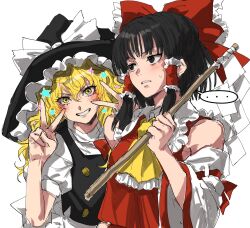  ... 2girls apron ascot black_eyes black_hair black_hat black_vest blonde_hair blush bow braid commentary_request detached_sleeves double_v frilled_bow frilled_hair_tubes frills gohei grin hair_between_eyes hair_bow hair_tubes hakurei_reimu hat hat_bow highres holding holding_gohei kirisame_marisa kuya_(hey36253625) long_hair multiple_girls red_bow ribbon-trimmed_sleeves ribbon_trim side_braid single_braid smile spoken_ellipsis star_(symbol) touhou v vest waist_apron white_apron white_bow witch_hat yellow_ascot yellow_eyes 