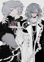  1boy :d adam's_apple animal bead_necklace beads bird black_swan_(bird) chain coat cowboy_shot frills grin hair_between_eyes hand_in_pocket highres jewelry limited_palette long_hair long_sleeves male_focus multicolored_coat multiple_necklaces necklace original pink_eyes rokkatera scarf smile solo standing swan two-tone_coat white_scarf 
