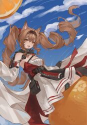  1girl angelina_(arknights) angelina_the_mellow_wish_(arknights) animal_ear_fluff animal_ears arknights black_collar black_gloves black_hairband black_thighhighs brown_hair chinese_commentary clouds collar commentary_request detached_sleeves dress earpiece floating_hair food fox_ears fox_girl fruit gloves hair_between_eyes hairband highres infection_monitor_(arknights) long_hair long_sleeves looking_at_viewer multicolored_hairband open_mouth orange_(fruit) orange_slice oversized_object sitting sky smile solo taohao_xing_bi_ge thigh-highs twintails two-tone_hairband very_long_hair white_dress 
