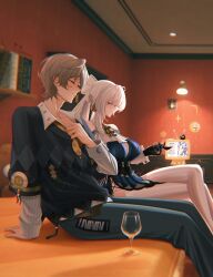  1boy 1girl a_zhen breasts commentary cup drinking_glass english_commentary glass grey_hair highres long_hair mole mole_under_mouth short_hair sitting television thigh-highs velina_airgid violet_eyes white_hair white_thighhighs wine_glass wise_(oath_of_skies)_(zenless_zone_zero) wise_(zenless_zone_zero) zenless_zone_zero 