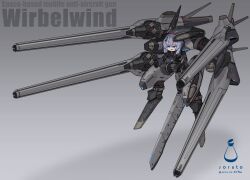  1girl absurdres artist_name blue_eyes blue_hair cannon commentary_request english_text full_body gradient_background grey_background hair_ornament hairclip highres joints mecha_musume original robot_joints science_fiction solo soruto_0w98e 