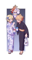 1boy 2girls absurdres aether_(genshin_impact) ahoge alternate_costume alternate_hairstyle bag bear_mask black_background black_kimono blonde_hair blue_background blue_flower blush border boro_hochi brother_and_sister candy_apple closed_eyes commentary cotton_candy cup eating feeding flip-flops floating_hair floral_print flower flying food four-pointed_star full_body genshin_impact gradient_background hair_between_eyes hair_bun hair_flower hair_ornament halo hand_up hands_up highres holding holding_bag holding_cotton_candy holding_cup holding_food holding_skewer holding_spoon ice_cream japanese_clothes jeanne_d'arc_alter_(fate) kanzashi kimono long_sleeves looking_at_another lumine_(genshin_impact) mask mask_on_head mechanical_halo medium_hair multiple_girls open_mouth outside_border paimon_(genshin_impact) pink_sash sandals sash short_hair siblings sidelocks simple_background skewer smile spoon standing star_(symbol) star_hair_ornament toenails untranslatable_commentary white_bag white_border white_hair white_kimono wide_sleeves yellow_eyes yellow_halo yellow_sash yukata 