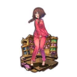  1girl barefoot blush book bookshelf breasts brown_hair buttons commentary_request kono_subarashii_sekai_ni_shukufuku_wo! last_period long_sleeves megumin official_art open_mouth pajamas pants pink_pajamas pink_pants pulling_own_clothes red_eyes short_hair_with_long_locks small_breasts solo whoopin 