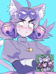  1girl ahoge animal_ears bell bell_ear_ornament blue_background blush cat_ears cat_girl cat_tail colored_skin commentary_request crossed_arms deltarune ghost_pink_(deltarune) grey_skin hair_bell hair_ornament heart heart_necklace highres ika_nomakin jewelry mad_mew_mew magical_girl necklace pixel_art_inset purple_hair screenshot_inset tail utdr_(toby_fox) wide-eyed 