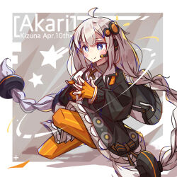  1girl ahoge black_dress black_jacket blue_eyes blush border braid bright_pupils character_name closed_mouth commentary_request cropped_legs dress fingerless_gloves gloves grey_background grey_hair hair_ornament headset highres jacket kizuna_akari long_hair long_sleeves orange_gloves orange_pantyhose outside_border own_hands_together pantyhose smile solo star_(symbol) steepled_fingers striped_clothes striped_gloves striped_pantyhose tetenka twin_braids vertical-striped_clothes vertical-striped_gloves vertical-striped_pantyhose very_long_hair vocaloid voiceroid white_border white_pupils 