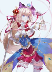  1girl absurdres atelier_(series) atelier_firis bare_shoulders blonde_hair blue_eyes cropped_jacket detached_sleeves dress frills gloves hair_ribbon highres holding holding_staff ilmeria_von_leinweber jacket jewelry long_hair looking_at_viewer multicolored_dress pink_ribbon purple_ribbon red_jacket rei_rigel ribbon sidelocks sleeveless sleeveless_jacket solo staff standing thigh-highs white_background white_gloves white_sleeves white_thighhighs 