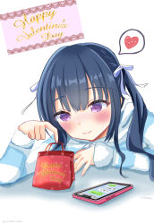  1girl bag blunt_bangs blush cellphone closed_eyes closed_mouth commentary_request eyes_visible_through_hair fur-trimmed_sleeves fur_trim hair_ribbon hand_up happy_valentine harukaze_inori heart highres koibana_ren'ai long_hair long_sleeves looking_at_object mame4ba2525 phone red_bag ribbon sidelocks signature simple_background smartphone smile solo speech_bubble spoken_heart text_messaging twintails twitter_username upper_body valentine violet_eyes white_background white_ribbon winter_clothes 