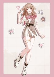  1girl absurdres animal_ears boots bow bowtie brown_bow brown_dress brown_hair commentary_request dog_ears dog_girl dress drill_hair gradient_hair hair_between_eyes high_heels highres holding holding_pen long_hair looking_at_viewer multicolored_hair open_mouth original pen pink_bow pink_bowtie pink_eyes pink_hair pink_ribbon pochimaru_(marumaru_wanwan) puffy_sleeves ribbon short_sleeves simple_background solo white_boots 