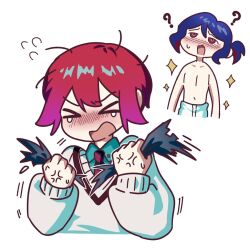  1boy 1girl ? amate_yuzuriha anger_vein aqua_shirt blue_hair blush colored_inner_hair gundam gundam_gquuuuuux holding long_sleeves multicolored_hair necktie nut87501 open_mouth pants ponytail purple_hair red_eyes red_hair school_uniform shirt short_hair shuji_ito simple_background sweater tears topless_male torn_clothes two-tone_hair upper_body white_background 