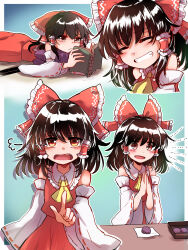  1girl absurdres ascot book bow brown_eyes brown_hair closed_eyes closed_mouth commentary_request detached_sleeves facing_viewer food food_request frilled_bow frilled_hair_tubes frills grin hair_bow hair_tubes hakurei_reimu highres holding holding_book long_hair looking_at_viewer lying multiple_expressions multiple_views on_stomach open_book open_mouth pointing pointing_at_viewer puff_of_air reading red_bow red_skirt reimu_day ribbon-trimmed_sleeves ribbon_trim skirt skirt_set smile tearing_up tigern touhou yellow_ascot 