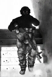  1girl baseball_cap body_armor bullet_hole bulletproof_vest camouflage camouflage_jacket camouflage_pants cargo_pants character_request check_weapon fyugins_png gloves glowing glowing_eyes greyscale gun hair_between_eyes hat highres holding holding_weapon jacket light_machine_gun machine_gun medium_hair monochrome original pants pouch rpk-16 russian_ground_forces russo-ukrainian_war shoes smoking soldier solo tactical_gloves war weapon weapon_request 