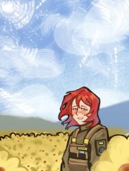  1boy androgynous blue_sky blush body_armor callsign clouds cloudy_sky collared_jacket day field flag_patch flower flower_field green_eyes green_hair grin happy highres hill idi_nahui international_legion_of_ukraine jacket kenneth_del_duca long_hair magazine_(weapon) male_focus narrowed_eyes original outdoors patch russo-ukrainian_war sky smile soldier solo sonnenschein_e1 ukraine ukrainian_flag ukrainian_ground_forces unit_patch 