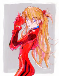  1girl absurdres blue_eyes bodysuit border chiekooda0810 from_side grey_background highres interface_headset_(evangelion) long_hair looking_at_another looking_to_the_side mecha_pilot_suit neon_genesis_evangelion orange_hair own_hands_together plugsuit_(evangelion) red_bodysuit solo souryuu_asuka_langley white_border 