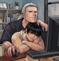  1boy 1girl anavel_gato black_hair black_shirt bookshelf computer_keyboard computer_mouse crossed_arms cup frown fuyuanning genderswap genderswap_(mtf) gundam gundam_0083 highres indoors kou_uraki monitor mug reverse_trap shirt smug t-shirt tank_top white_hair white_tank_top window 