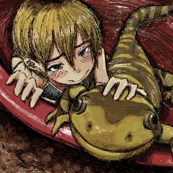  1girl animal barbell_piercing bikini black_bikini blonde_hair blush bubbacterial ear_piercing eyebrow_piercing face_piercing green_eyes hair_between_eyes hand_on_animal highres in_bowl in_container mini_person minigirl original partially_submerged piercing salamander short_hair smile swimsuit tsurime water 