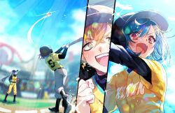  1boy 2girls 3968 :d ball baseball_(object) baseball_cap baseball_field baseball_helmet baseball_mitt baseball_stadium baseball_uniform black_shirt black_socks blue_hair blue_hat blue_shoes blue_sky clenched_teeth commentary crossed_bangs day dolphin_hair_ornament earrings fang from_behind gloves grey_hair hair_ornament hat helmet highres higuchi_kaede jewelry lens_flare long_hair long_sleeves multiple_girls multiple_views nijisanji nijisanji_koshien nishizono_chigusa orange_hair pants print_shirt red_eyes shirt shoes short_hair skin_fang sky smile socks sportswear summer sweat swinging_baseball_bat teeth undershirt upper_teeth_only usami_rito virtual_youtuber white_gloves yellow_pants yellow_shirt 