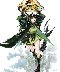  1girl :d absurdres arknights arms_up black_boots black_hair black_shorts boots breasts chinese_commentary colored_extremities commentary_request crystal dress full_body green_dress green_eyes green_jacket green_streaks highres holding holding_pyramid horns jacket long_sleeves medium_hair mon3tr_(arknights) multicolored_hair open_clothes open_jacket open_mouth pouch pyramid_(structure) rephasic_enantiomer_(arknights) running shorts shorts_under_dress sideboob simple_background small_breasts smile solo streaked_hair tail white_background yima_(power222222) 