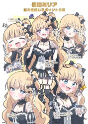  5girls :d arm_tattoo black_choker black_dress black_thighhighs blonde_hair blue_eyes blush_stickers bow braid cellphone center_frills choker closed_eyes closed_mouth collarbone commentary_request cross cross_earrings dress earrings fishnet_sleeves fishnets frilled_choker frilled_dress frilled_skirt frilled_sleeves frills garter_belt giorgio_(yo_sumire_sola1) hair_bow highres holding holding_phone jewelry jogasaki_noah long_hair long_sleeves looking_at_viewer mahou_shoujo_no_majo_saiban mole mole_under_eye multiple_girls multiple_views natsume_an-an nervous_sweating open_mouth phone pointing_out_the_details saeki_miria sakuraba_ema sawatari_coco skirt smartphone smile sparkle squiggle sweat tattoo thigh-highs translation_request wide_sleeves 