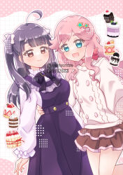  2girls :d ahoge arm_around_another's_back blue_eyes blunt_bangs blush bow brown_eyes brown_skirt cake chofu_noriko closed_mouth commentary_request cowboy_shot dress fanged_bangs food frilled_dress frilled_skirt frilled_sleeves frills hair_bow hair_ornament hand_on_another's_waist highres ikizulive!_love_live!_bluebird kanazawa_miracle long_hair love_live! miniskirt minoritea_(love_live!) multiple_girls nagatsuki_chihoru open_mouth pinafore_dress pink_hair pixiv_id pixiv_logo purple_dress purple_hair shirt skirt sleeveless sleeveless_dress smile star_(symbol) star_hair_ornament sweater thick_eyebrows twitter_username twitter_x_logo two_side_up white_bow white_shirt white_sweater 