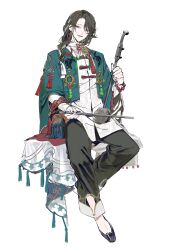  1boy :d absurdres aqua_jacket bead_bracelet bead_necklace beads black_hair black_nails black_pants black_shoes bow_(music) bracelet braid call_of_cthulhu chinese_clothes clothing_cutout commentary_request cropped_jacket curtained_hair daimaou_ruaeru earrings erhu eyeshadow fangs flat_color flats full_body green_eyes green_streaks hair_over_shoulder hair_ribbon highres holding holding_bow_(music) holding_instrument instrument invisible_chair jacket jewelry long_hair long_sleeves looking_at_viewer makeup male_focus multicolored_hair nail_polish neck_tassel necklace open_clothes open_jacket pants pouch red_eyeshadow ribbon ribbon_in_braid shirt shoes shou_tatsu_no_utage simple_background single_braid sitting smile solo streaked_hair swept_bangs tangzhuang tassel tassel_earrings tassel_necklace untucked_shirt white_background white_ribbon white_shirt wide_sleeves 